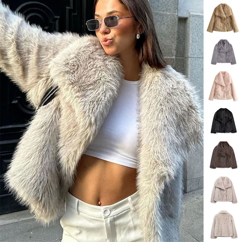 Women's Fluffy Plush Lapel Winter Jacket Long Sleeve Coat